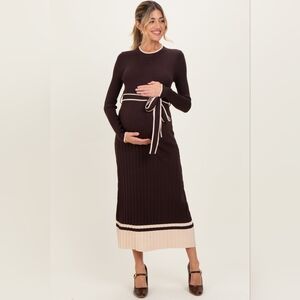 Pinkblush Brown and Cream Ribbed Maternity Midi Dress